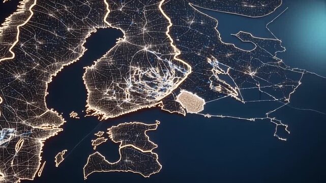 Glowing map representation of a geographical region, with illuminated outlines and interconnected lines
