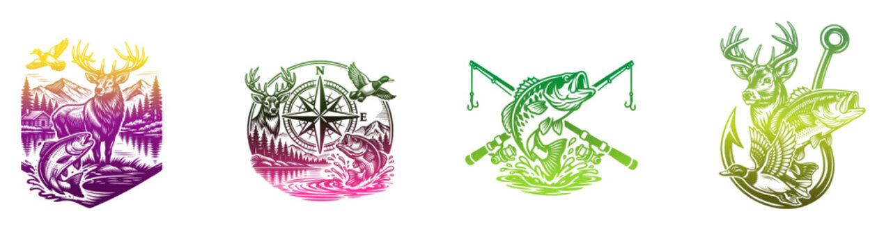 Colorful vintage fishing badge logo set with deer, compass and jumping fish with crossed rods, outdoor sport emblem collection on white background