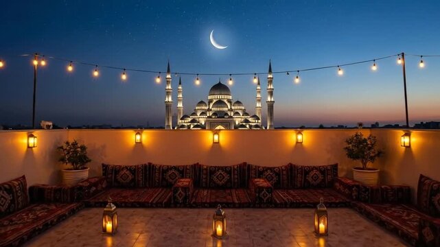 Rooftop Ramadan Iftar Setup with Mosque View at Night, Crescent Moon, String Lights, Lanterns, and Cushions