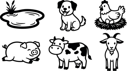 Fototapeta premium Black and white vector animal icons with sitting dog smiling pig lying hen on nest with eggs cow standing goat facing front simple outline style