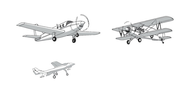 Three distinct grayscale vector airplanes a monoplane biplane and jet depicted in flight with propeller blur.
