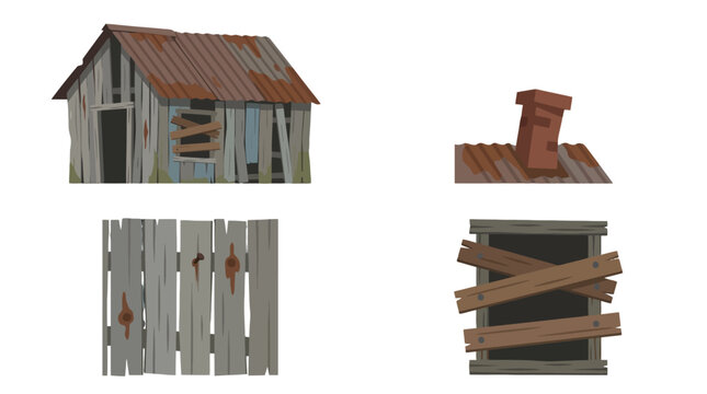 Rustic collection of weathered wooden shack rusty roof boarded window and old fence.
