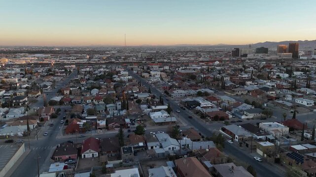 4K aerial drone video of El Paso looking toward the border and Ju&aacute;rez, Mexico at sunset