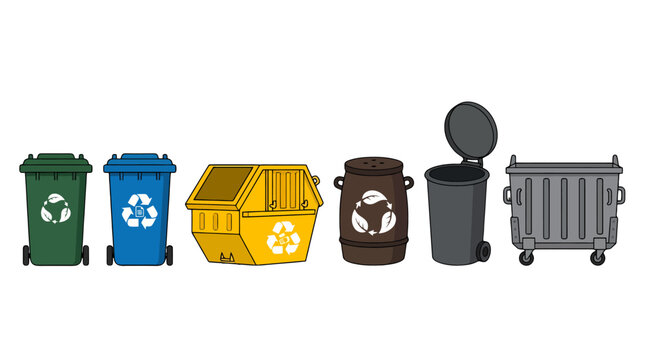 Colorful cartoon recycling and waste bins including wheeled skip and compost types with distinct symbols.