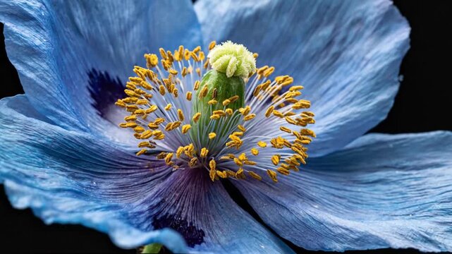 Close-up of a blue flower's petals and stamen against a solid black background
