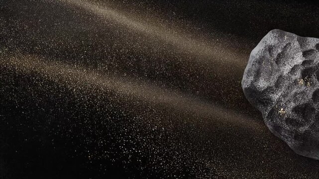 A textured asteroid drifts with sparkling dust in a dark, atmospheric void