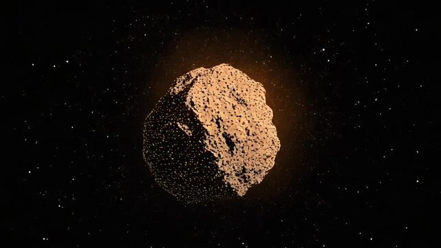 Digital rendering of a textured asteroid amidst a dark, star-filled space. Illuminated by a radiant glow
