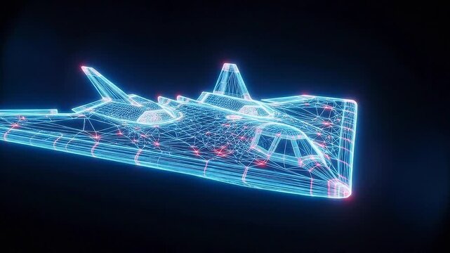 Futuristic holographic rendering of a stealth bomber aircraft,3D digital model of a stealth bomber with glowing holographic features,Holographic display of a modern stealth bomber,