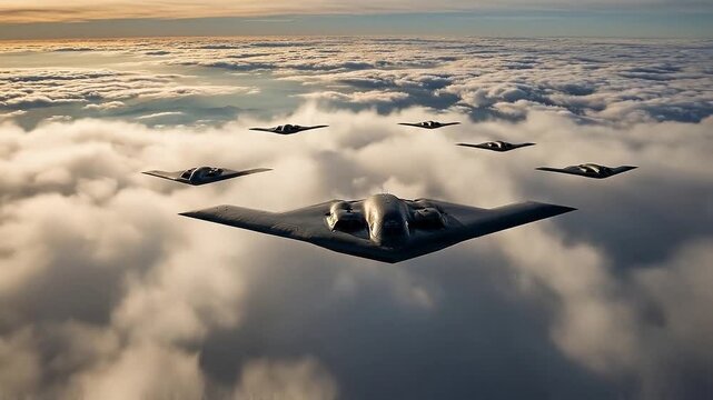 Stealth bombers flying in formation through the clouds at high altitude,Military stealth bombers in the sky leaving contrails in the clouds,B-2 stealth bombers flying through the sky