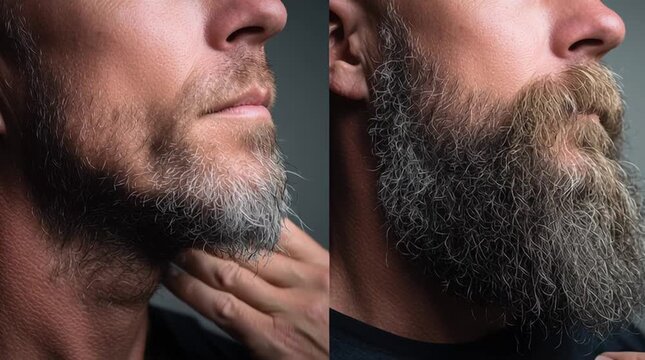 Beard Transformation: A close-up split composition of a man, showcasing his beard before and after a transformation. It represents a journey of personal grooming.