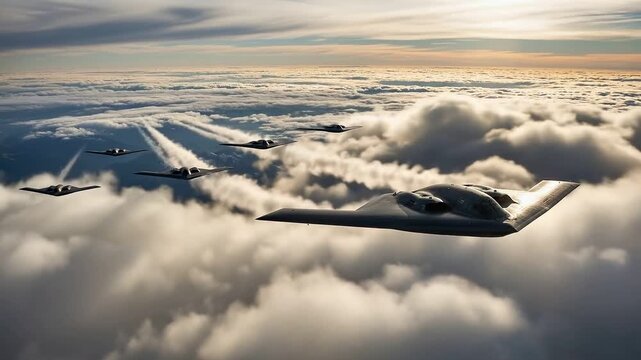 Stealth bombers flying in formation through the clouds at high altitude,Military stealth bombers in the sky leaving contrails in the clouds,B-2 stealth bombers flying through the sky