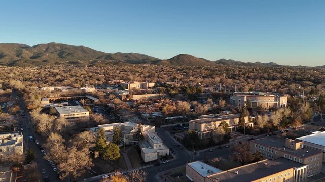 Historic adobe architecture and downtown buildings in Santa Fe, New Mexico, 4K aerial drone video