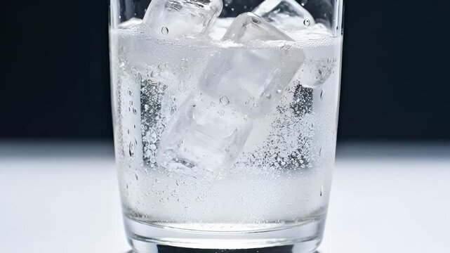 ice cubes dropping into sparkling soda glass, carbonated bubbles rising intensely, condensation forming on glass surface
