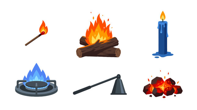 Vibrant cartoon fire elements match campfire candle gas burner glowing coals and fire poker set.