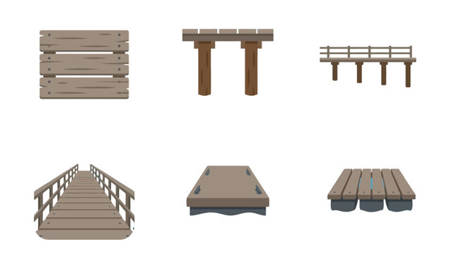 Rustic Wooden Docks Piers and Rafts Vector Set in Flat Cartoon Style featuring weathered planks and structural details.