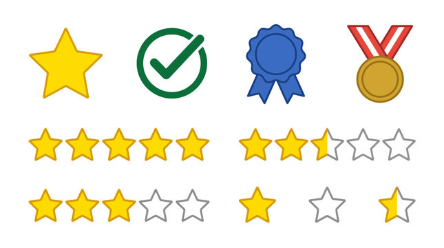 Colorful vector icons set for rating review and achievement featuring stars checkmark medal and ribbon.