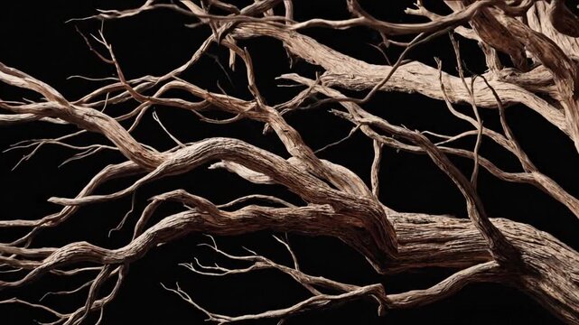 Intricate network of bare tree branches against a stark black backdrop. A textured and detailed nature study