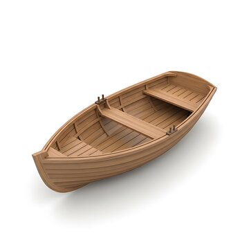A classic wooden rowboat with internal seating and oarlocks, rendered in detail and isolated on a pristine white background.