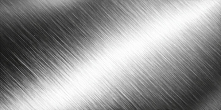A polished silver stainless steel plate features a brushed metal texture with a shiny metallic surface and industrial gray reflection on a textured aluminum backdrop pattern