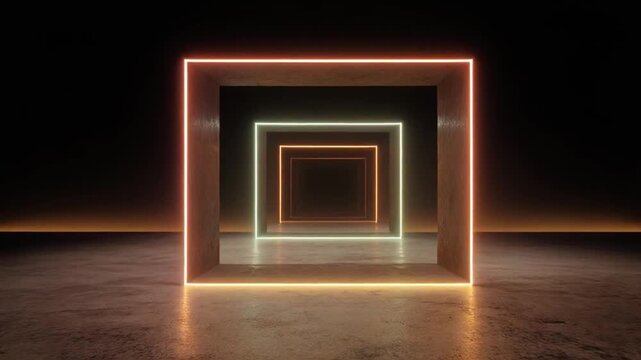 A geometric perspective with nested glowing rectangles, colors shifting through a dark, textured space