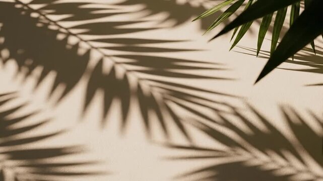 Palm leaf shadow overlay on beige wall, natural light, tropical vibe