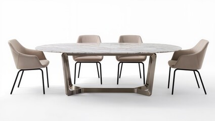 Fototapeta premium Modern round marble dining table with four designer chairs isolated on white background, elegant contemporary dining room furniture set.