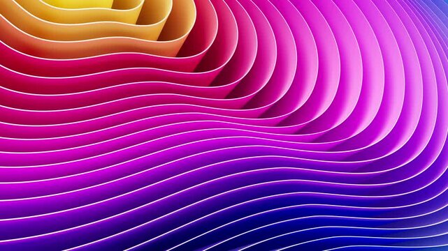 Abstract 3D render spline waves forming layered topographic shapes. Vibrant purple, pink and orange gradient lines moving like liquid surface. Futuristic digital landscape, dynamic motion background