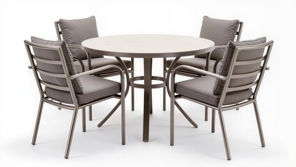 Round outdoor patio dining table with four armchairs isolated on white background, elegant garden furniture set designed for terrace or patio dining.