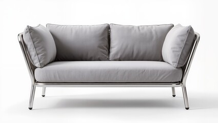 Naklejka premium Modern designer sofa with metal frame and soft cushions isolated on white background, contemporary luxury seating furniture.