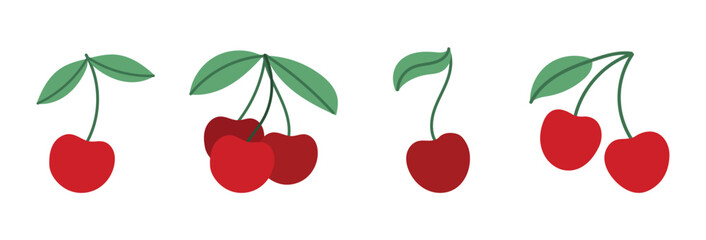 Cherry fruit set with different red sweet cherries and green leaves. Fresh summer berry collection with single cherry and cherry pair. Simple flat vector illustration isolated on white background. © Hanna Bykova