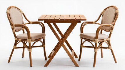 Fototapeta premium Small round wooden bistro table with two chairs isolated on white background, stylish cafe style furniture set ideal for dining, terrace or kitchen seating.