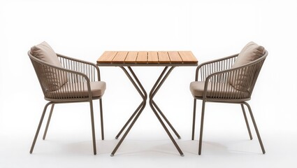 Fototapeta premium Small round wooden bistro table with two chairs isolated on white background, stylish cafe style furniture set ideal for dining, terrace or kitchen seating.