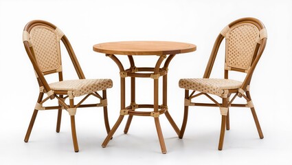 Fototapeta premium Small round wooden bistro table with two chairs isolated on white background, stylish cafe style furniture set ideal for dining, terrace or kitchen seating.