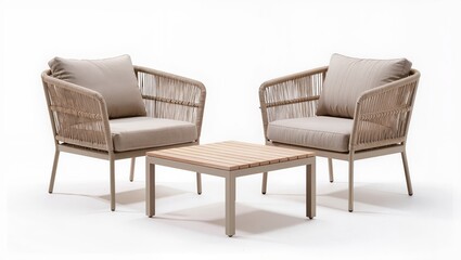 Obraz premium Modern outdoor lounge chair set with small coffee table isolated on white background, elegant patio furniture designed for terrace, garden or outdoor relaxation area.