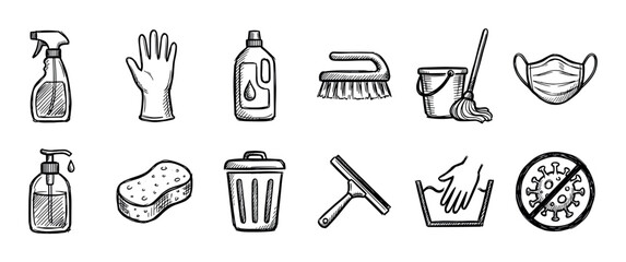 Set of hand-drawn cleaning icons in a doodle sketch style showing various hygiene and sanitation items like a mop, glove, soap, and anti-virus symbol for disinfection concepts