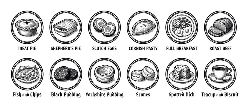 Set of classic British food illustrations in a retro monochrome engraving style, depicting famous national dishes including Cornish pasty, scotch eggs, and Yorkshire pudding