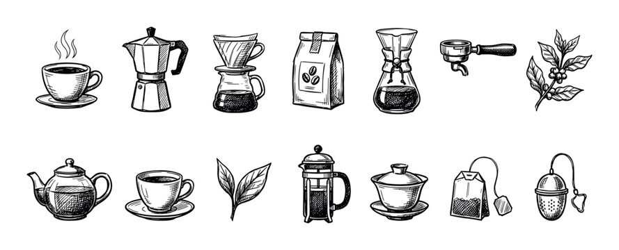 Hand-drawn coffee and tea icon set featuring various brewing methods, cups, and plants in a detailed black and white sketch style for cafe and beverage concepts