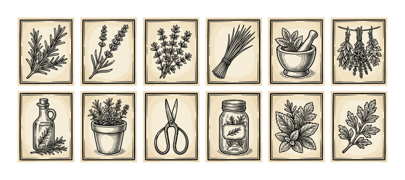 Set of twelve vintage herb illustrations in a classic woodcut engraving style, showing rosemary, lavender, thyme, mint, parsley, and various culinary spices and kitchen tools