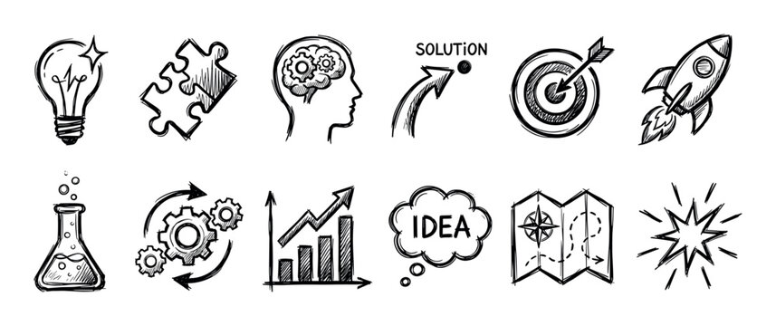 Hand drawn business and creativity icons set in a black and white sketch style, illustrating concepts of innovation, strategy, solution, and growth with various doodle symbols