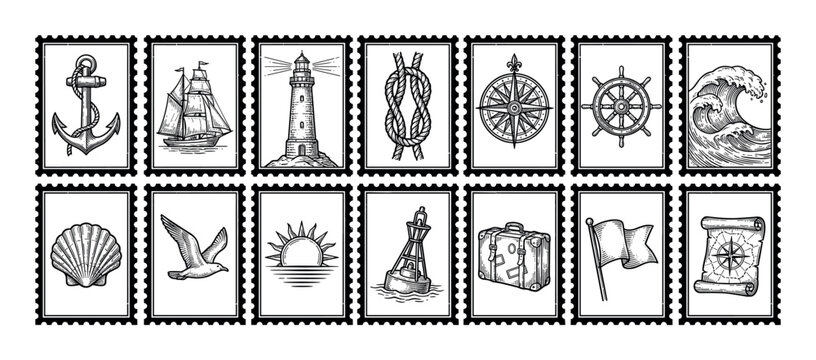 Fourteen vintage nautical themed postage stamps featuring an anchor, ship, lighthouse, compass, and wave in a black and white hand-drawn engraving style collection