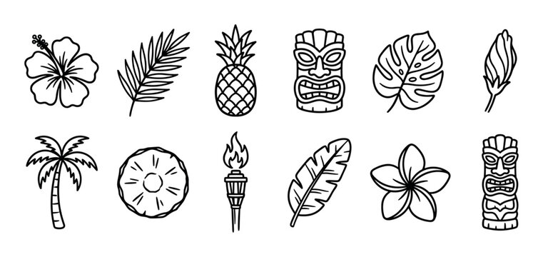 Set of tropical tiki line art icons including a pineapple, palm tree, hibiscus flower, and tribal mask in a simple hand-drawn doodle style for summer vacation themes