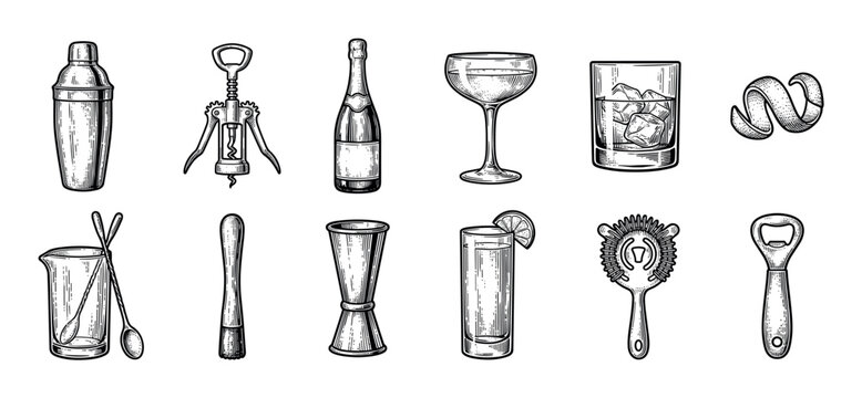Large set of bar tools and cocktail ingredients including a shaker, jigger, strainer, and glasses in a detailed black and white vintage engraving illustration style