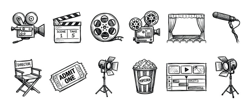 Collection of hand-drawn cinema icons featuring a movie camera, clapperboard, film reel, popcorn, and director's chair in a black and white sketch doodle illustration set