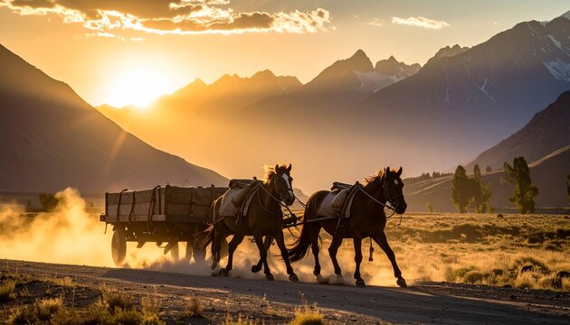 Horses pulling caravan wagon in the sunset