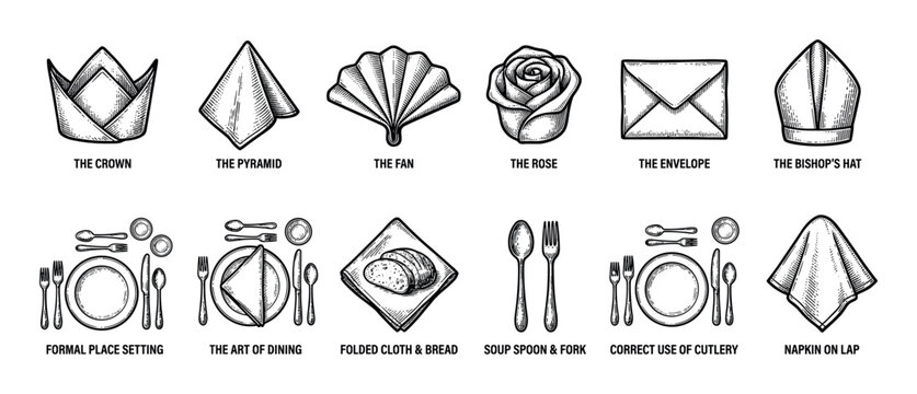 Set of vintage dining etiquette illustrations showing various napkin folding techniques and formal table place settings in a classic black and white hand-drawn engraving style