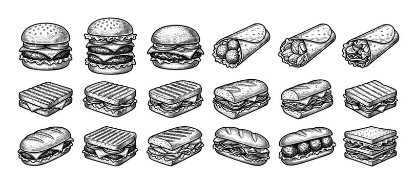 Set of various fast food sandwiches and burgers including subs, wraps, and paninis, all depicted in a detailed black and white hand-drawn vintage engraving illustration style