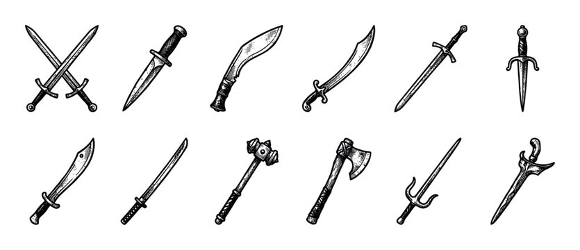 Collection of twelve medieval fantasy weapons illustrated in a black and white vintage engraving style, featuring swords, daggers, an axe, a war hammer, katana, and scimitar