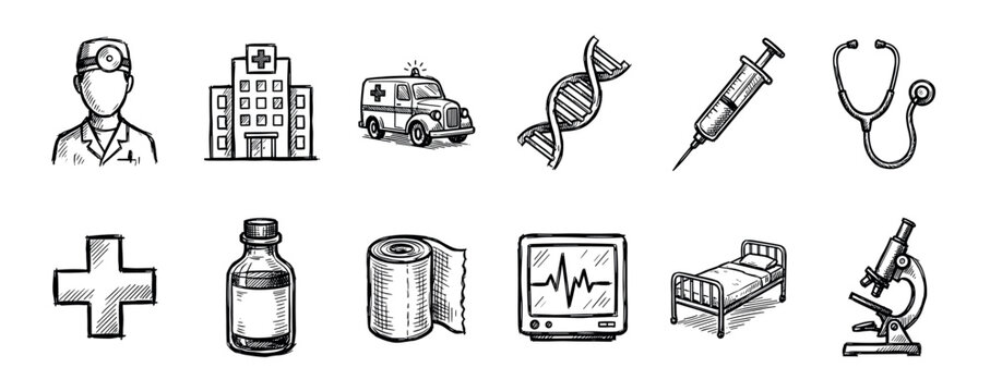 Set of hand-drawn medical icons in a black and white sketch style, including a doctor, hospital, ambulance, syringe, DNA, stethoscope, microscope, and other healthcare symbols