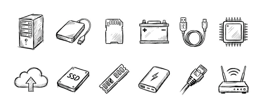 Set of hand-drawn computer hardware icons including a PC tower, SSD, RAM, CPU, router, and power bank in a black and white sketch style for technology concepts