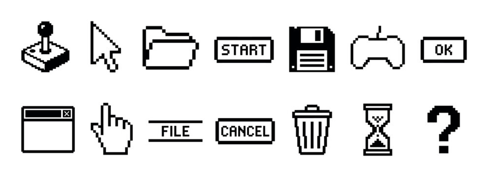 Set of pixel art user interface icons in a retro 8-bit computer style, featuring a cursor, folder, floppy disk, and joystick for a vintage gaming or old OS concept